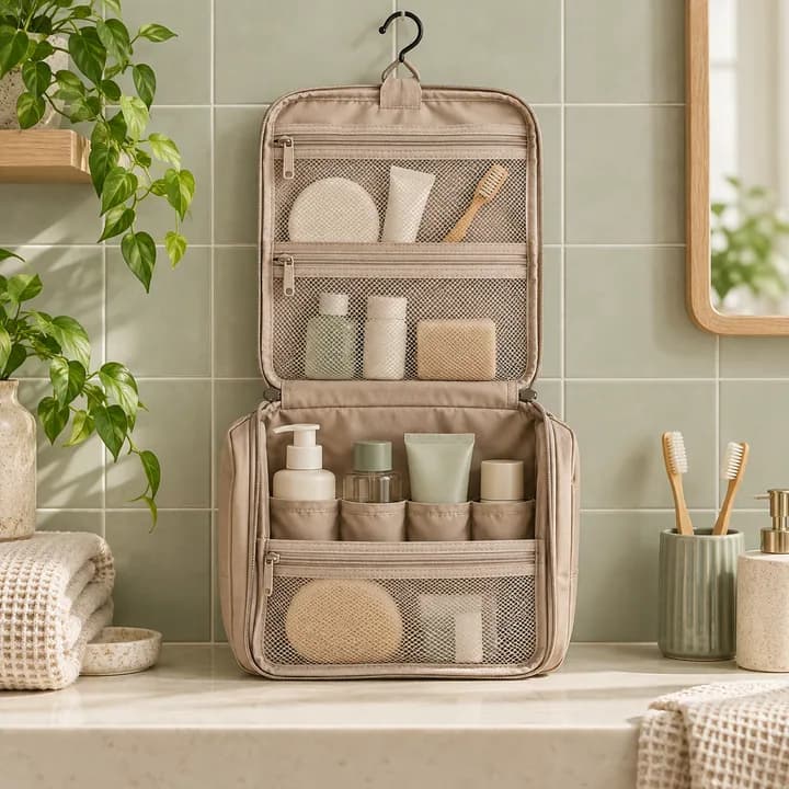 Illustrative hanging toiletry organizer